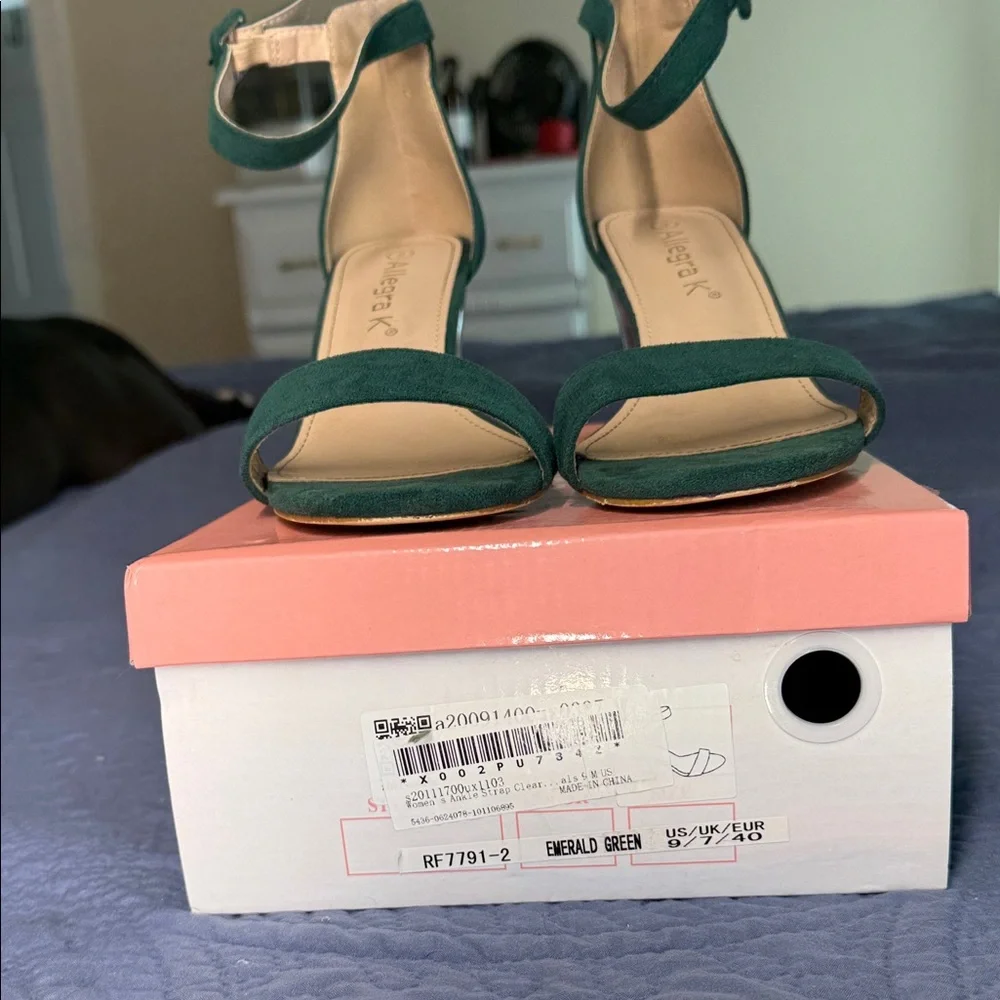 Allegra K Teal Green Suede Ankle Strap Block Heels - Picture 2 of 7